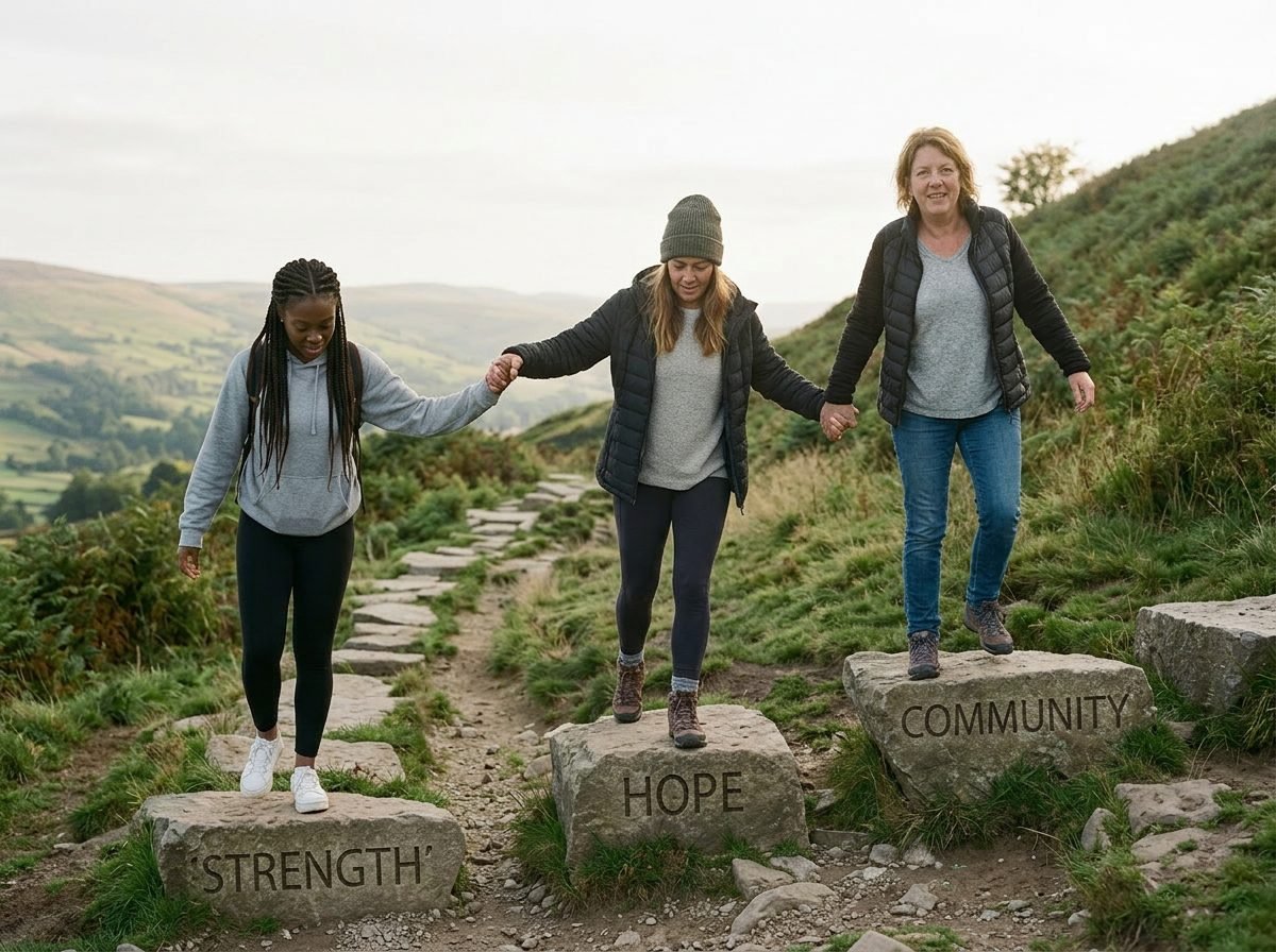 Women supporting one another across stepping stones marked Strength, Hope, and Community