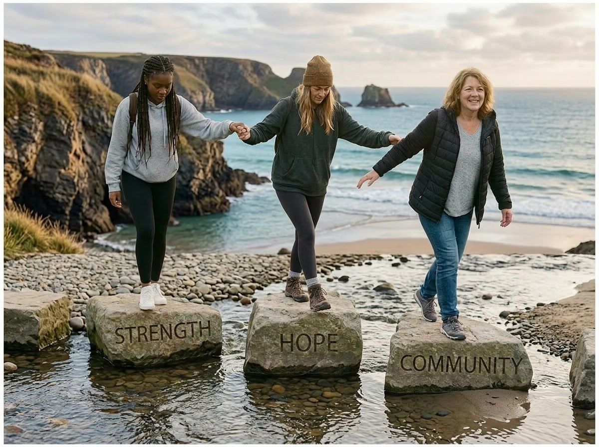 Women crossing stepping stones together by the water